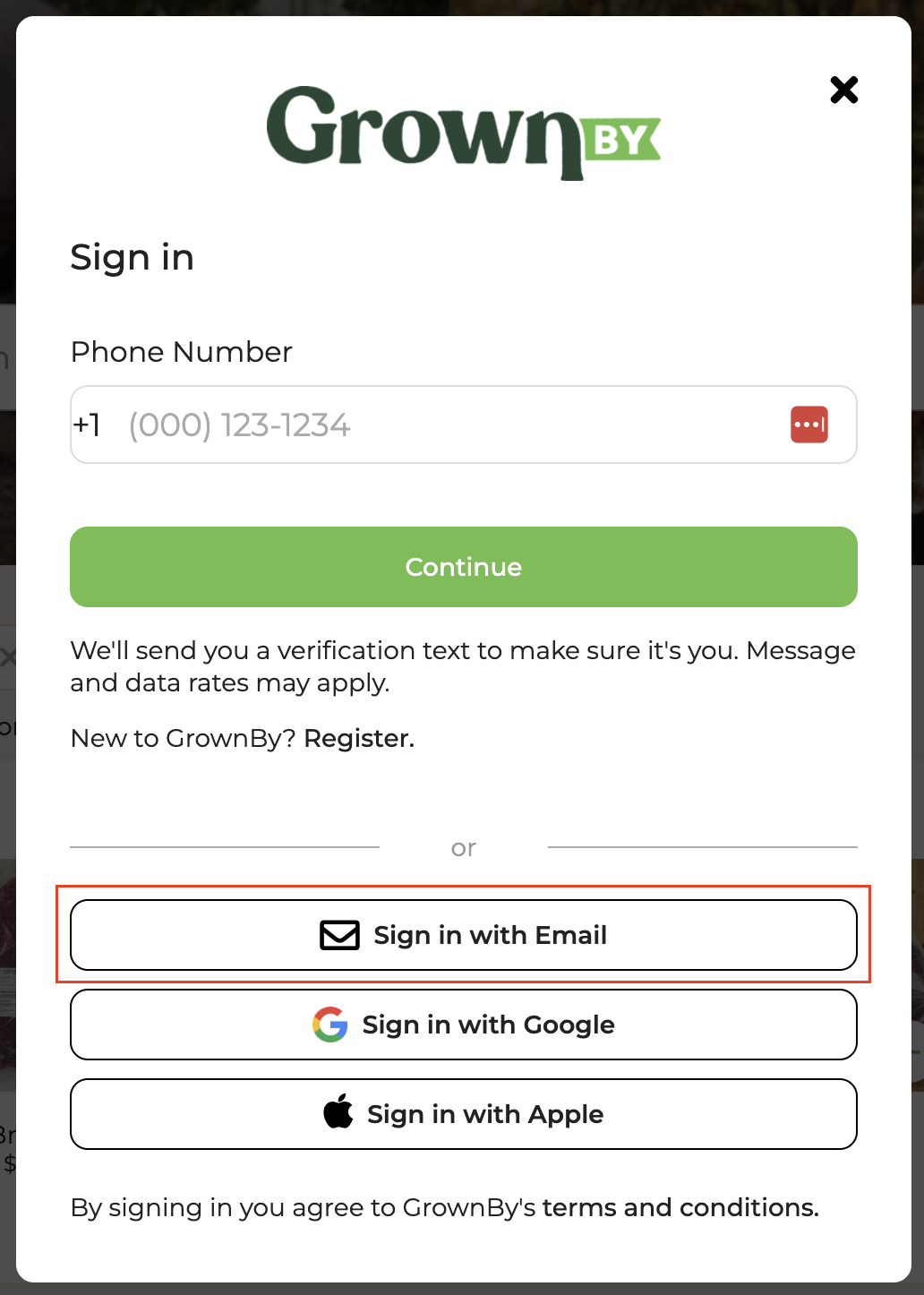 GrownBy sign-in page with the Sign in with Email option highlighted