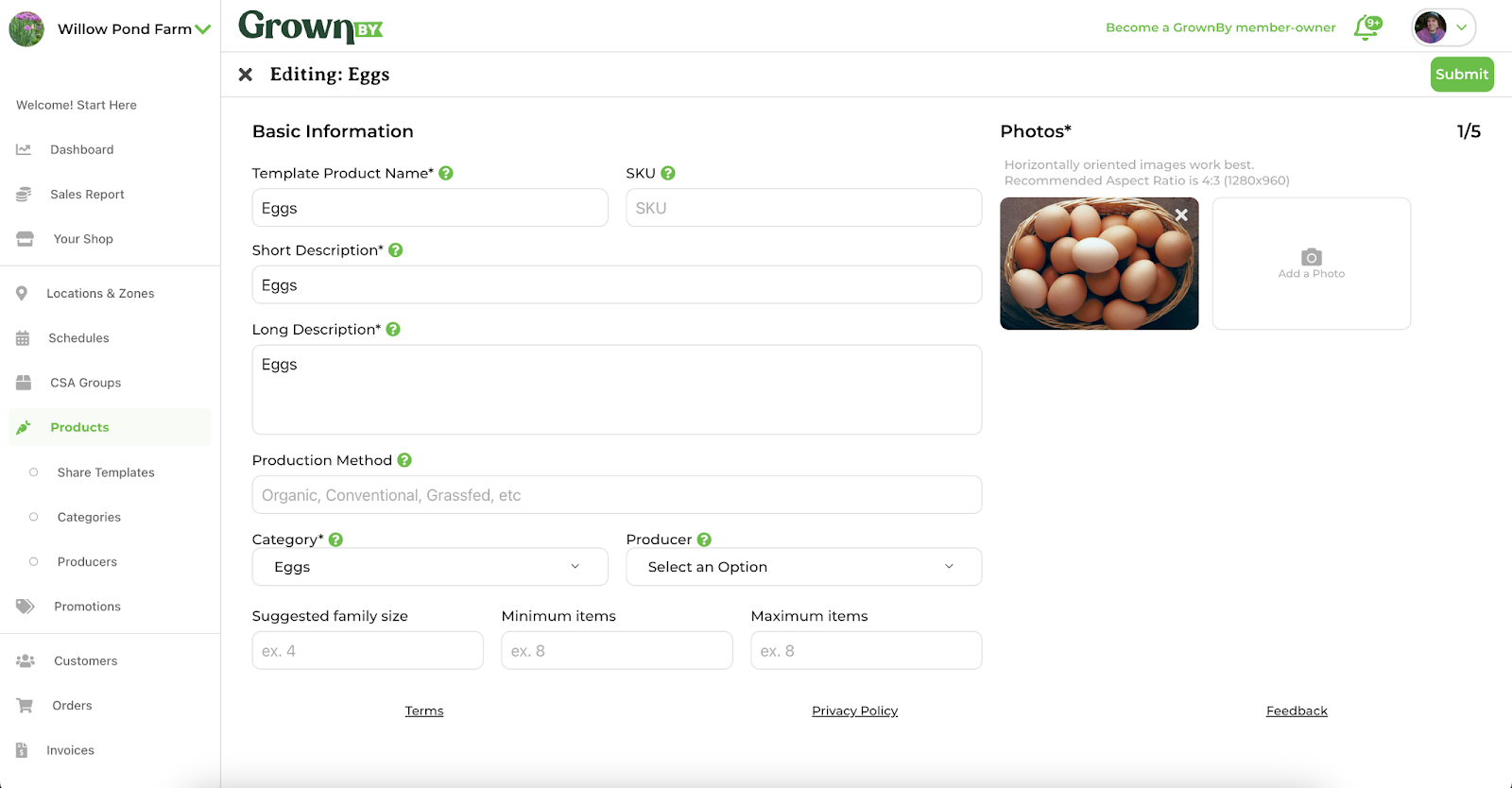 Egg share template configuration in GrownBy