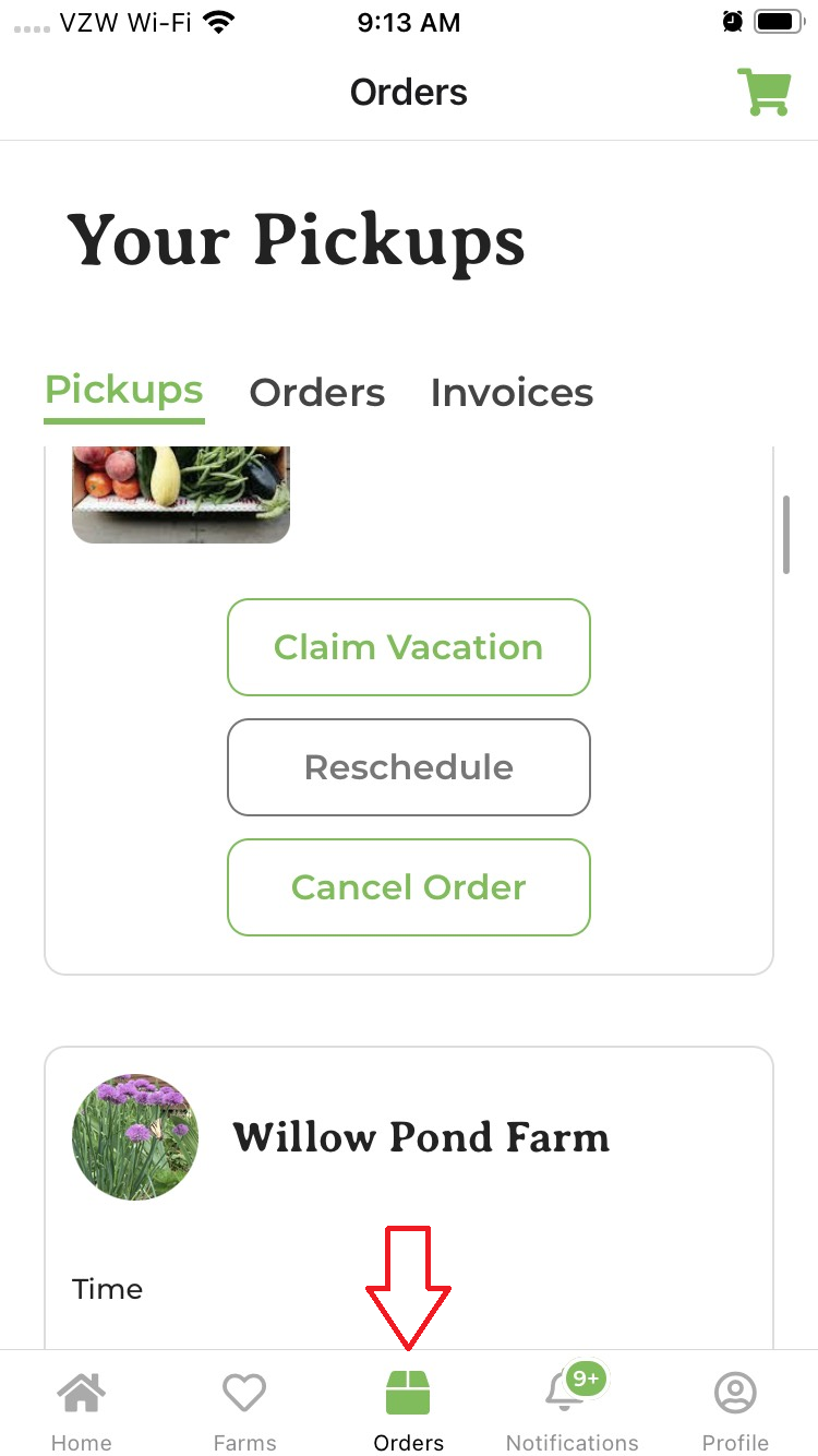 Orders button at the bottom of the mobile app