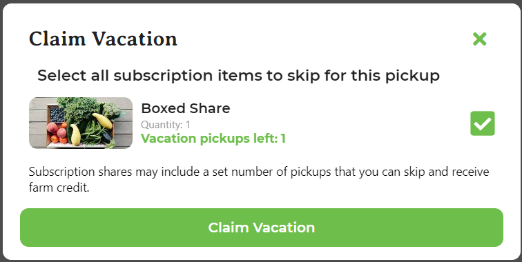 Claim Vacation dialog showing products available for the selected pickup date