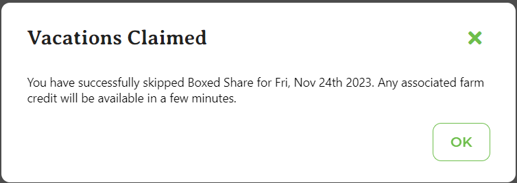 Confirmation pop-up after claiming a vacation week