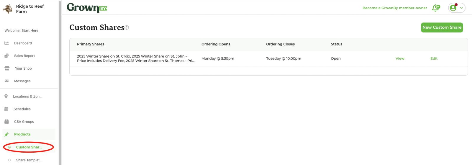 Custom Shares dashboard listing a customization row with primary shares, ordering open and close times, and status