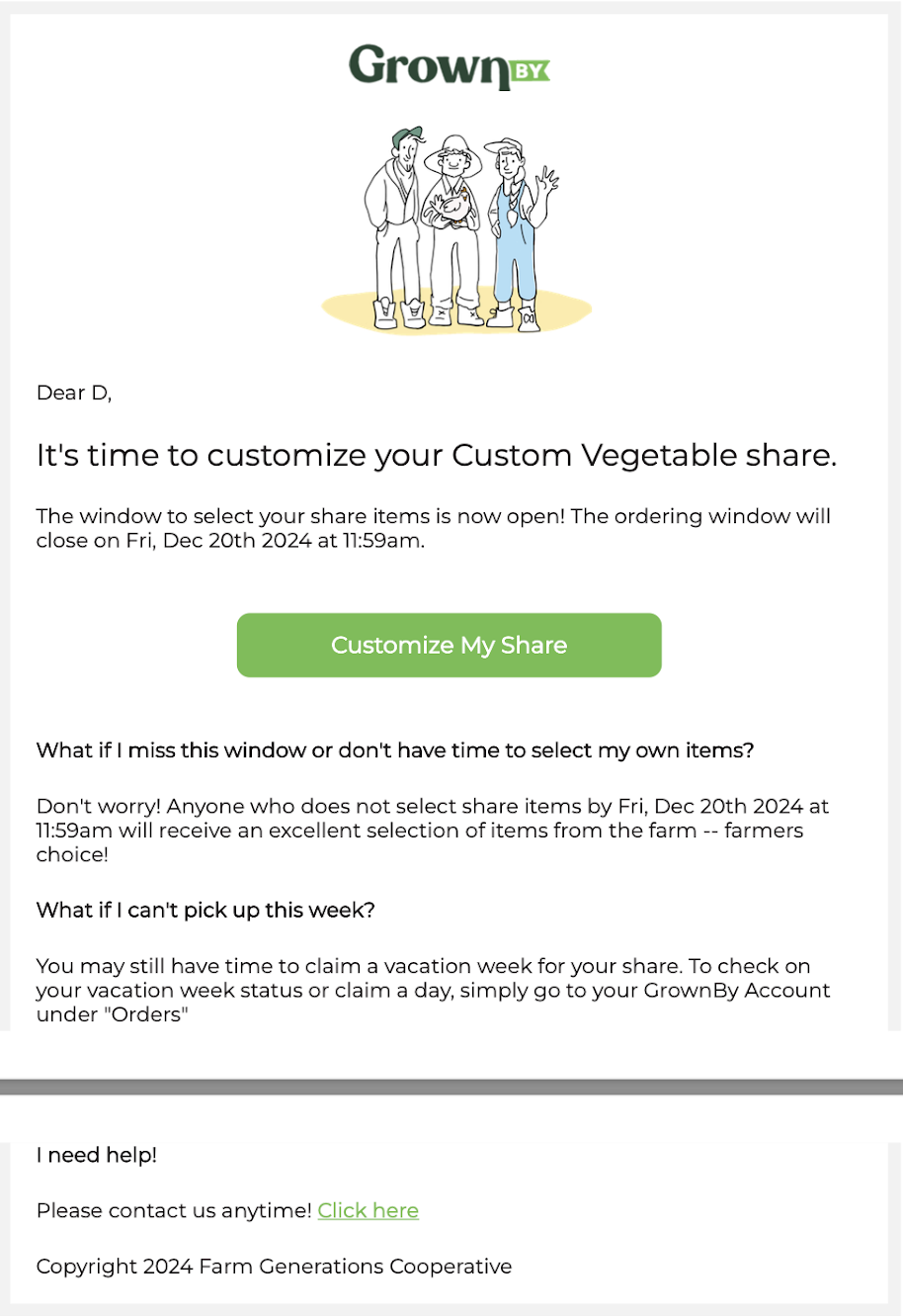 Email notifying customer that their customization window is open