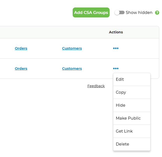 Actions menu on the CSA Groups page showing the Get Link option