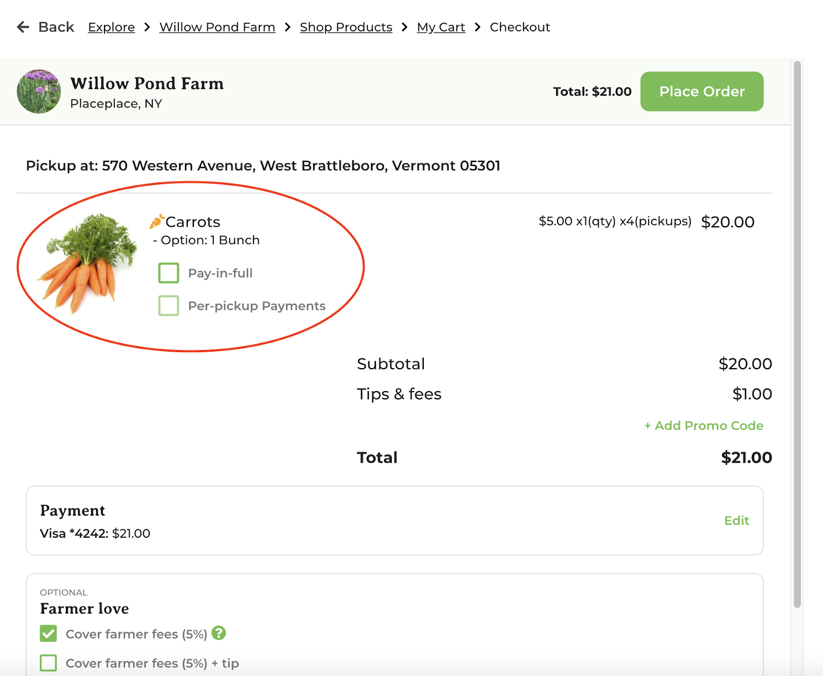 Customer checkout view for a standard product showing per-pickup payment option