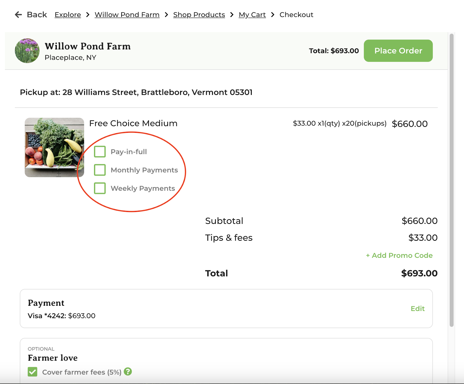 Customer checkout view for a subscription product with monthly and weekly payment options