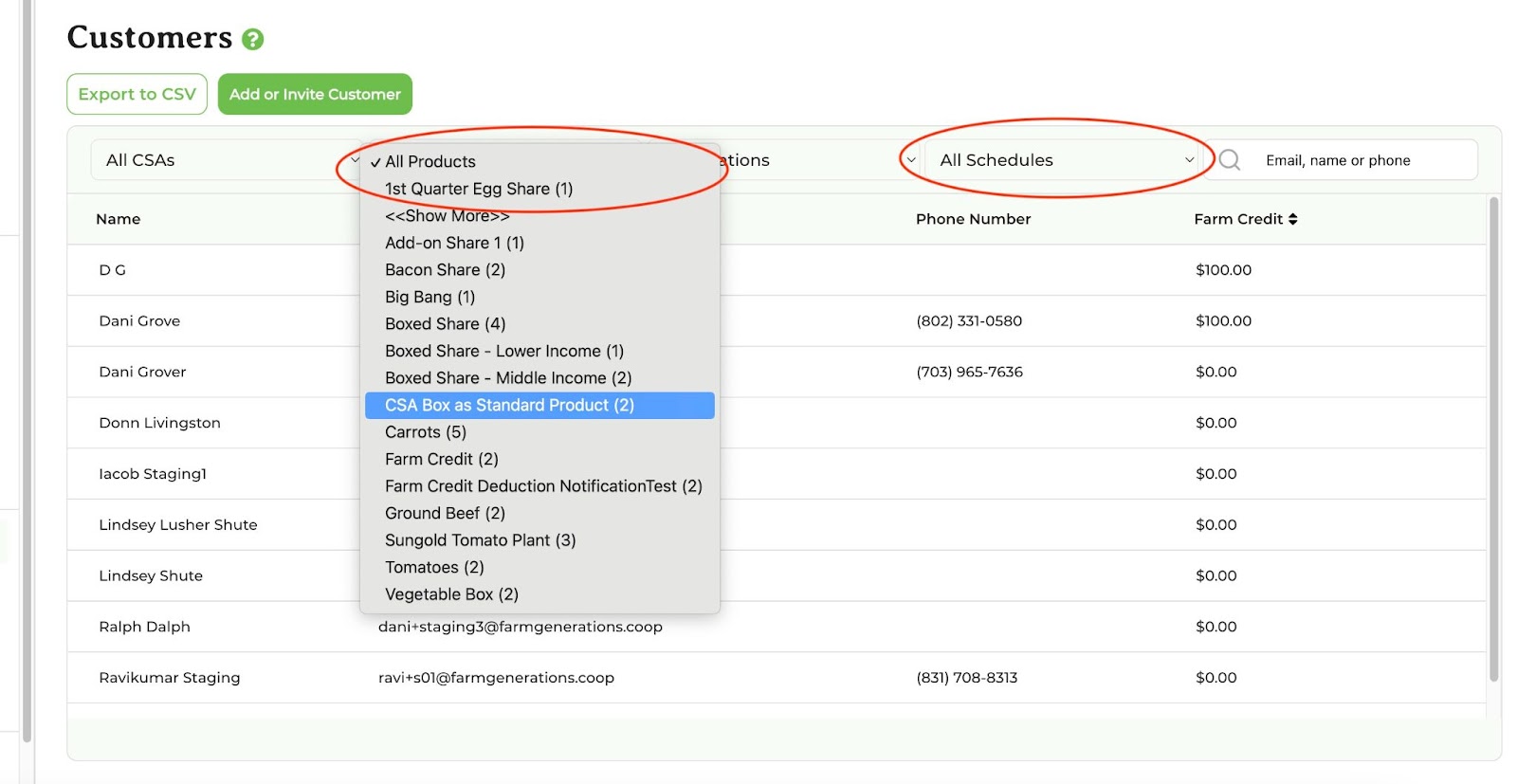 Customers page filtered by product and schedule to view customers for a given share