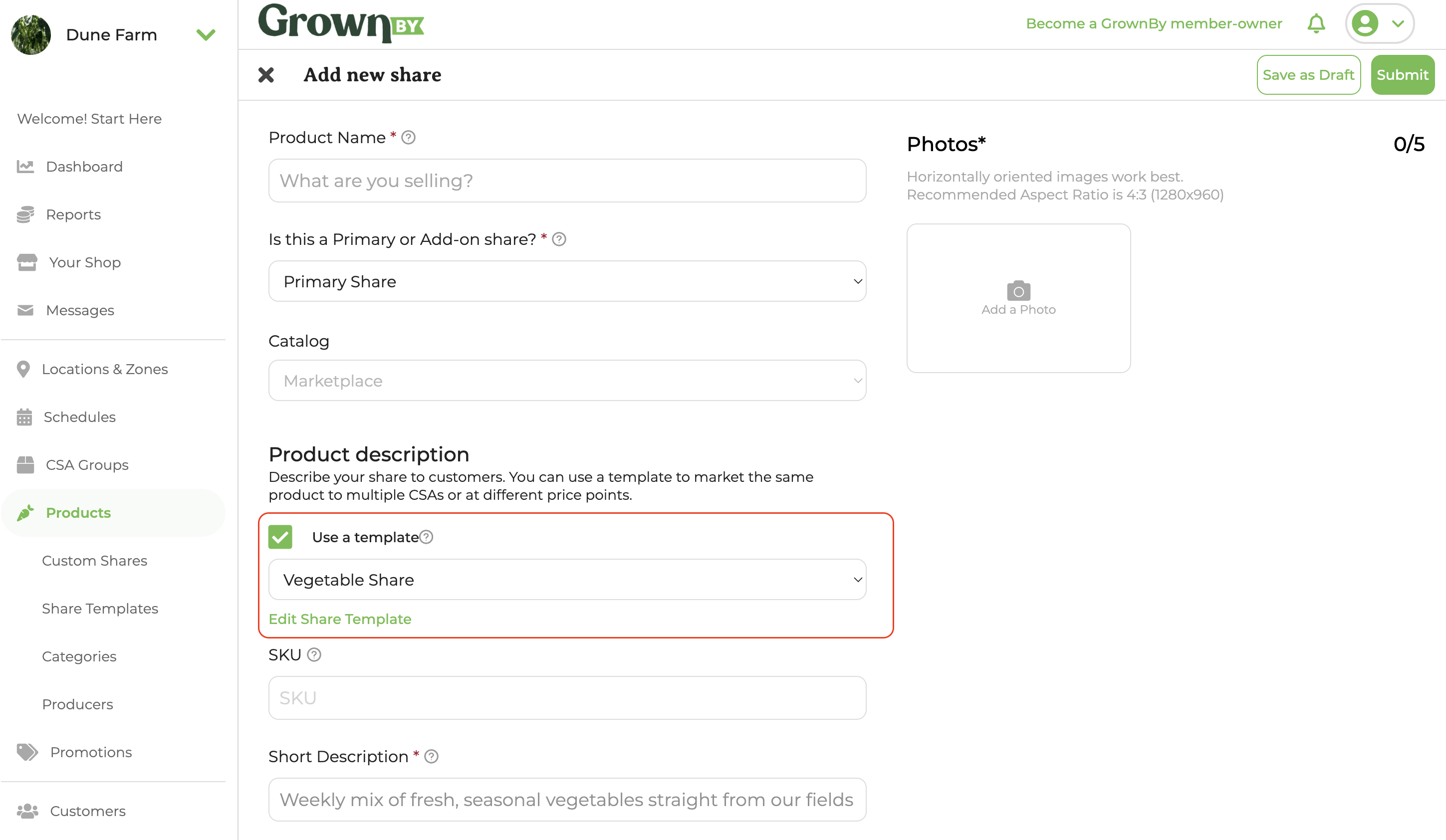 Use a template section circled on CSA share editing page