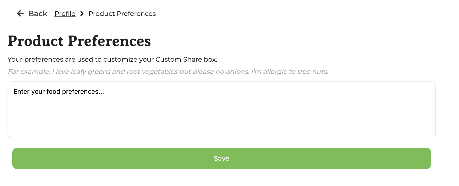 Product Preferences page with a text field for entering food preferences and a Save button