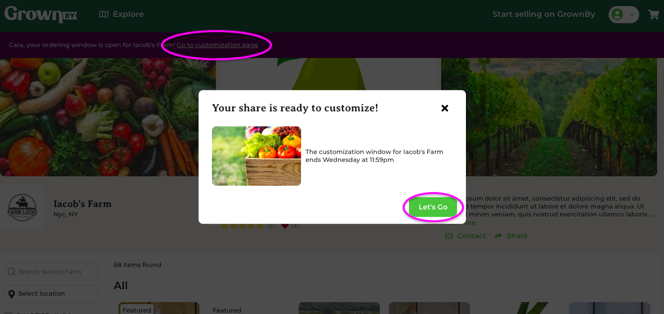 Customization window pop-up and banner prompting shoppers to customize their share