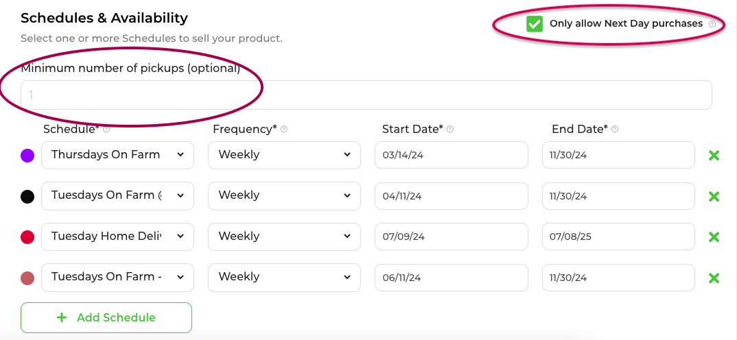 Standard product schedule settings showing the 'Only allow Next Day purchases' option