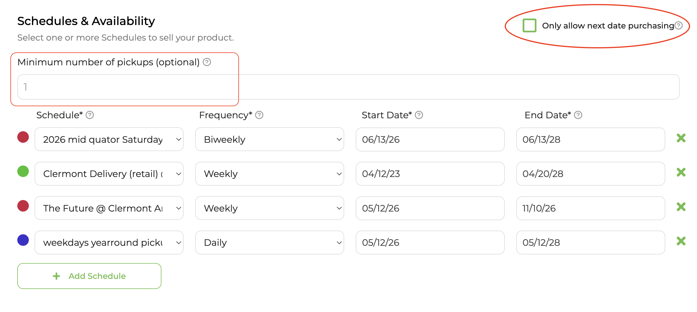 Standard product schedule settings showing the 'Only allow next date purchasing' option