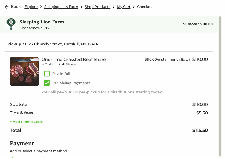 Checkout screen with Per-pickup Payments option selected