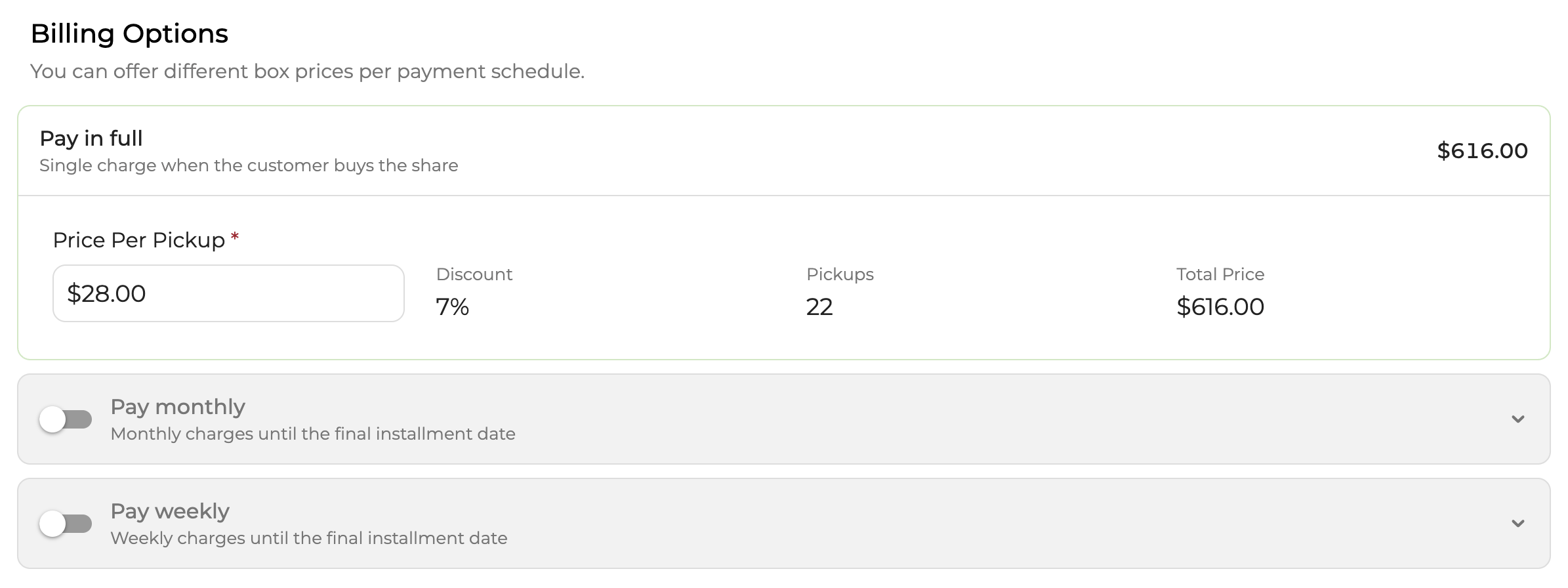 The Billing Options section when editing a share product, showing Pay in full, Pay monthly, and Pay weekly options