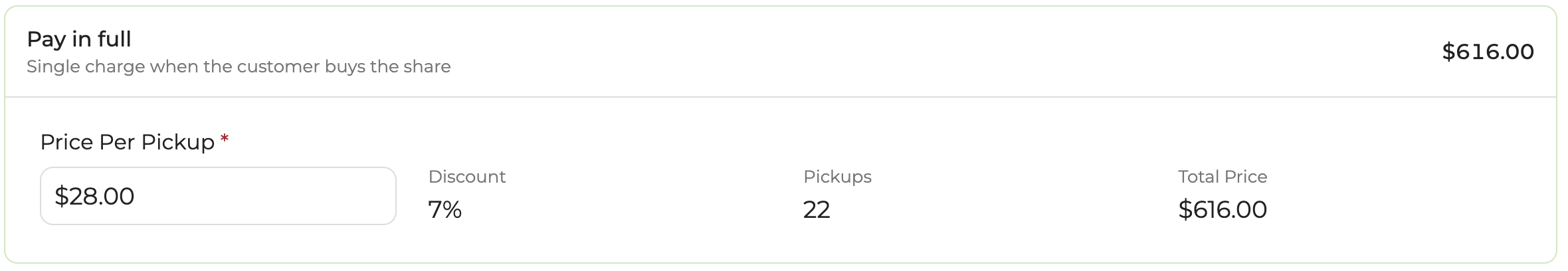 The Pay in full billing option expanded, showing Price Per Pickup, Discount, Pickups, and Total Price fields