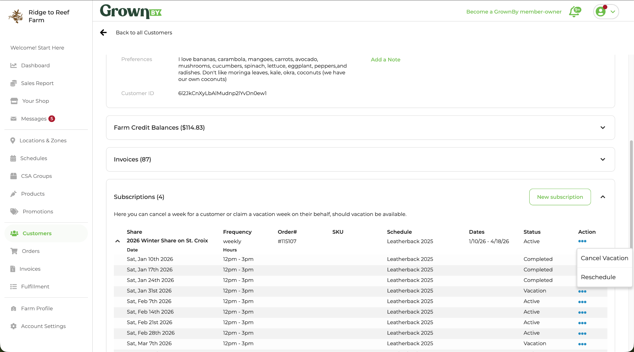 Customer subscription view showing the Cancel Vacation option in the Actions menu
