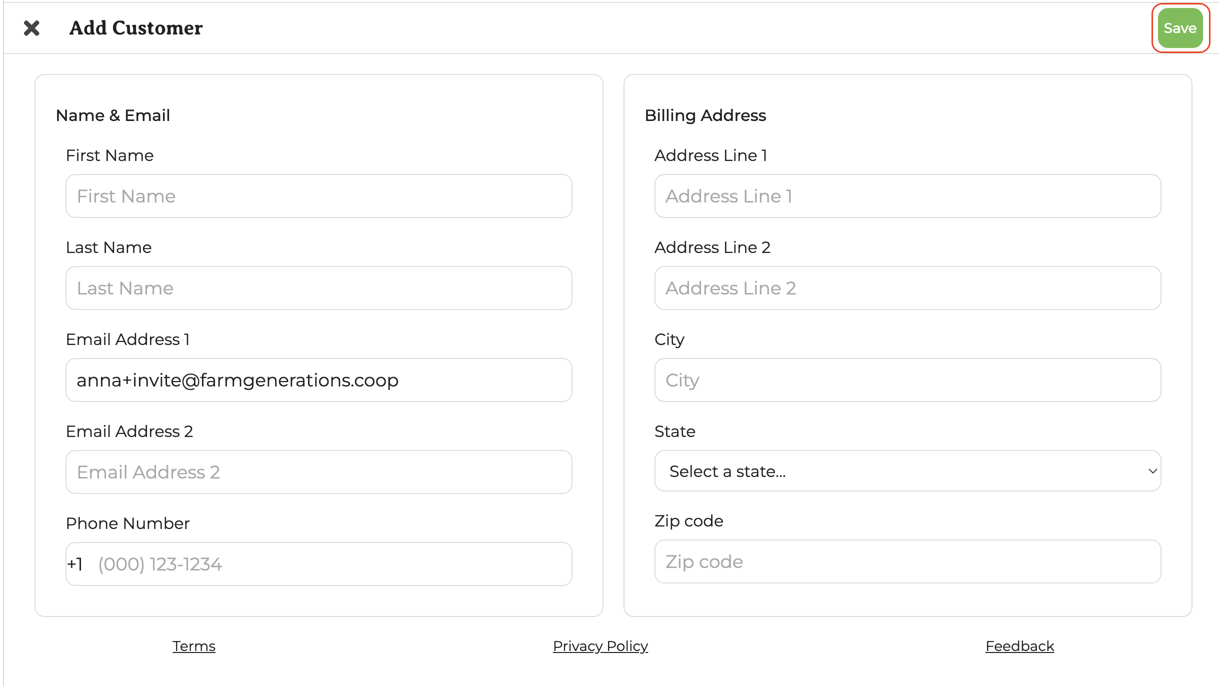 Add new customer page