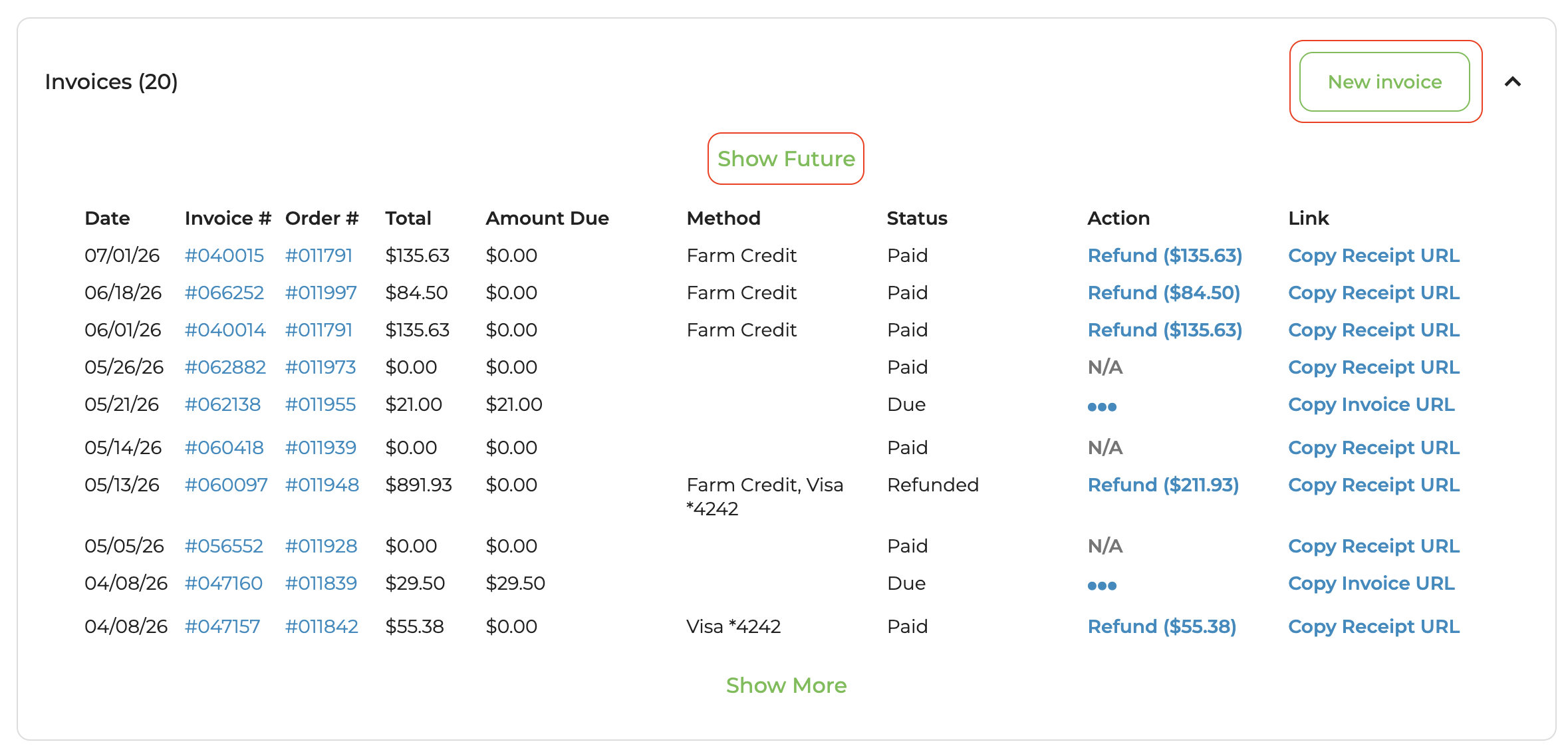 Invoices section