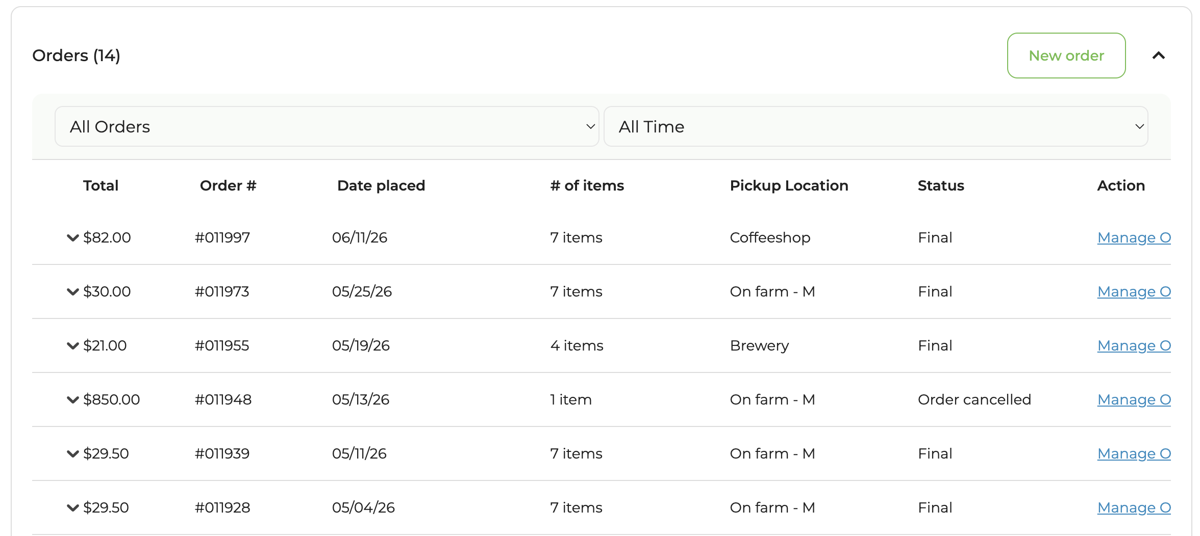 Orders section