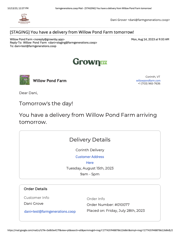 Delivery reminder email from GrownBy