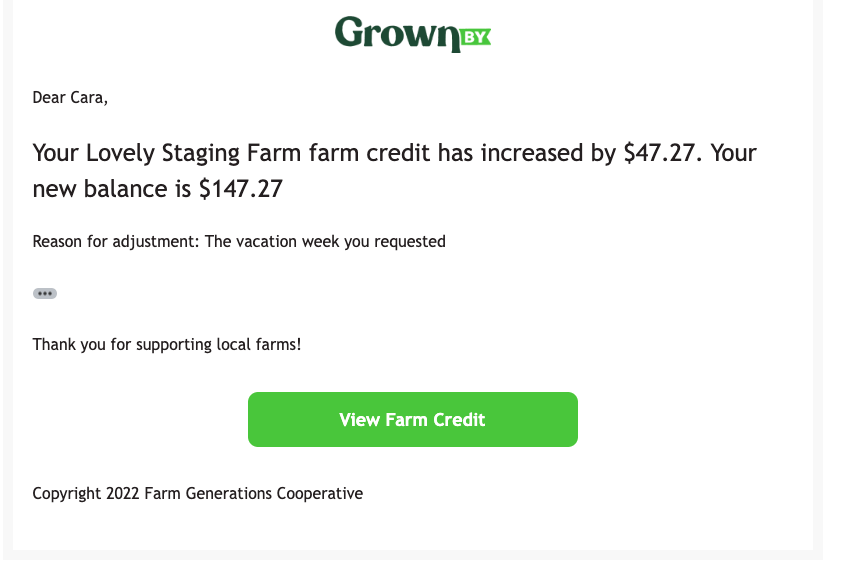 Farm credit balance change email from GrownBy