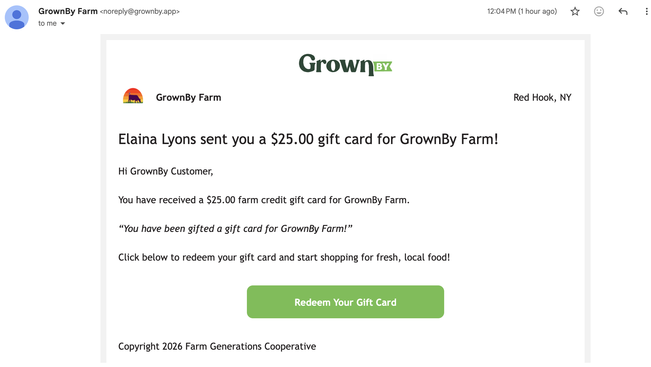 Gift card recipient email showing the farm name, gift amount, and Redeem Your Gift Card button