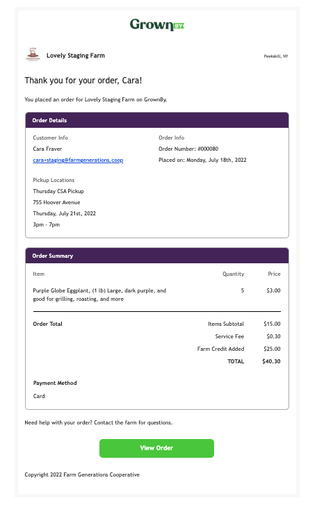 Order placed email from GrownBy
