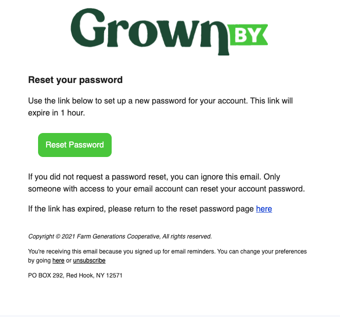 Password reset email from GrownBy