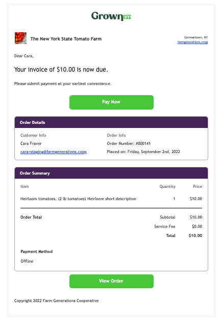 Payment due email from GrownBy