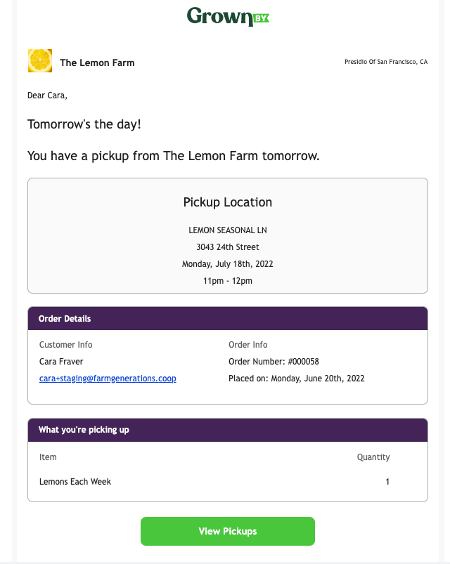Pickup reminder email from GrownBy