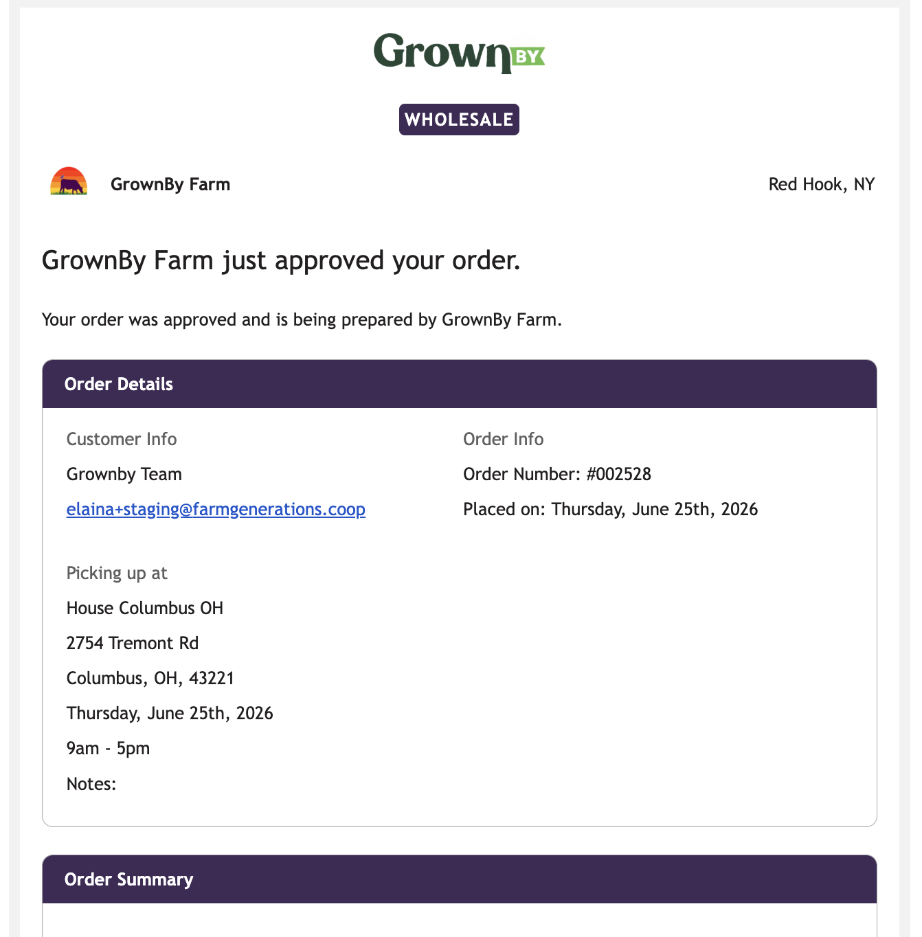 Wholesale order approved email showing "GrownBy Farm just approved your order"
