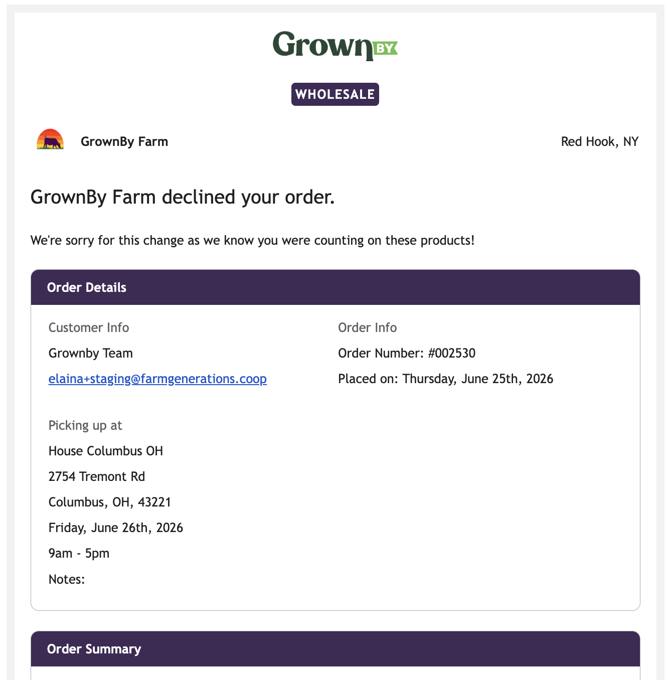 Wholesale order declined email showing "GrownBy Farm declined your order"