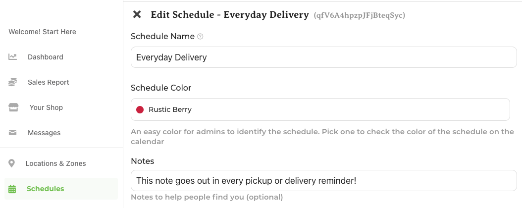 Pickup reminder email showing the Notes field from a schedule