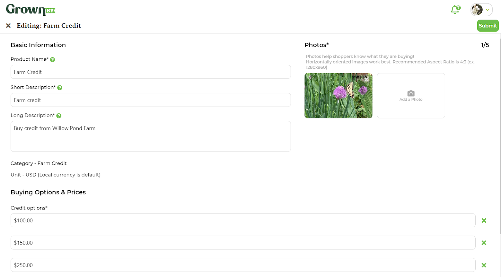 Editing page for a Farm Credit product showing fewer options than a standard Digital Product