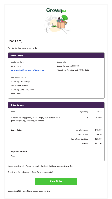 Customer places an order notification email