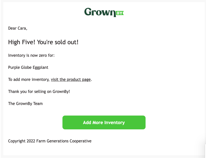 Inventory runs out notification email