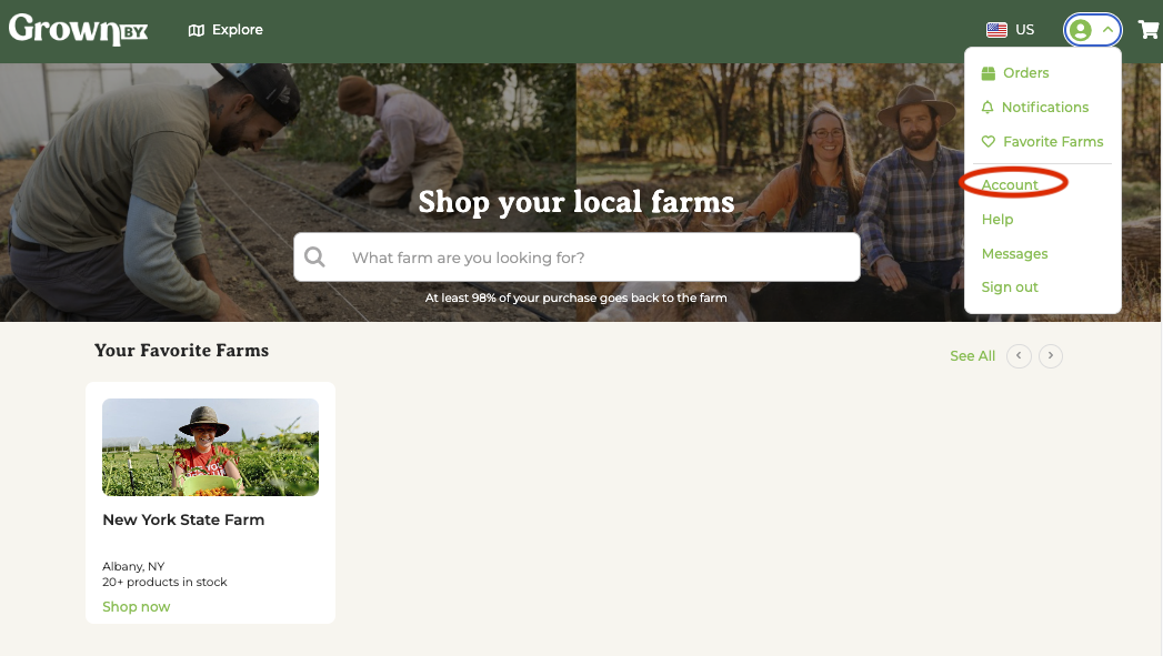 Account menu showing the Farm Credits option