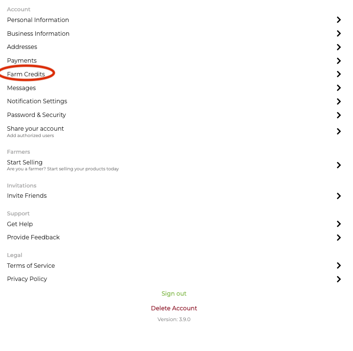 Farm Credits page entry point