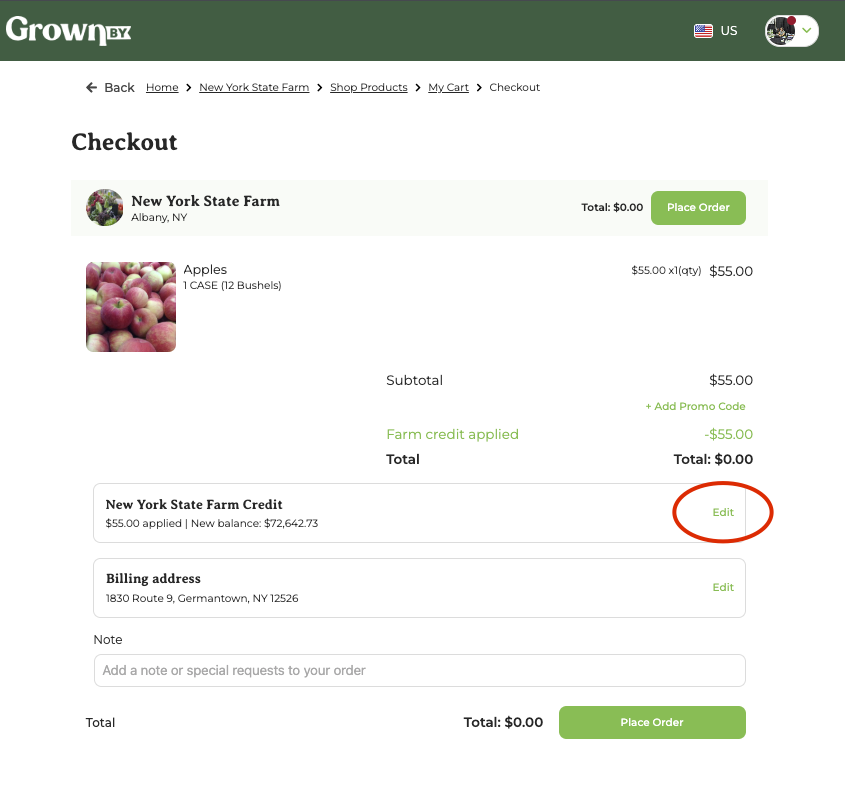 Farm credit selected as a payment method at checkout