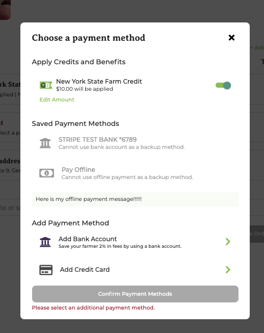 Payment modal showing payment method options