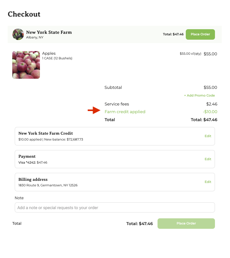 Invoice showing farm credit applied alongside another payment method