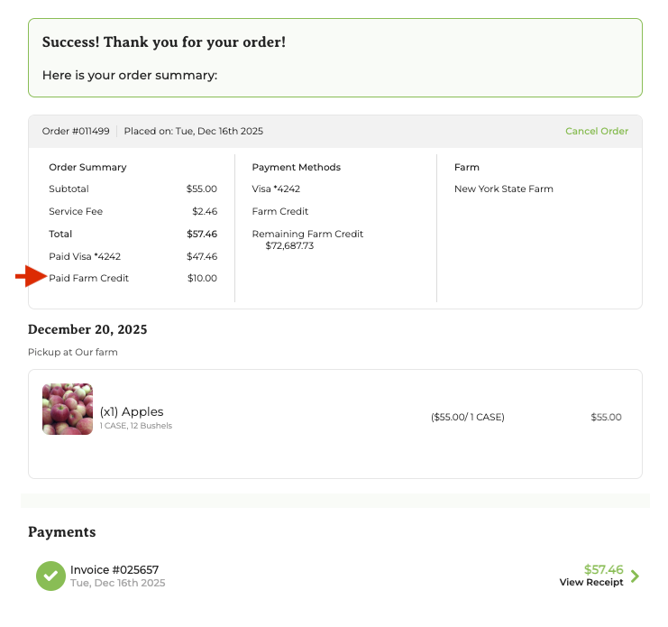 Receipt detail showing farm credit breakdown