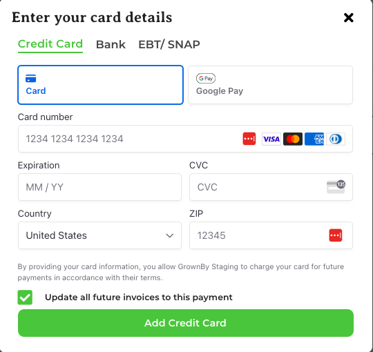 Add card form showing the Update all future invoices to this payment option