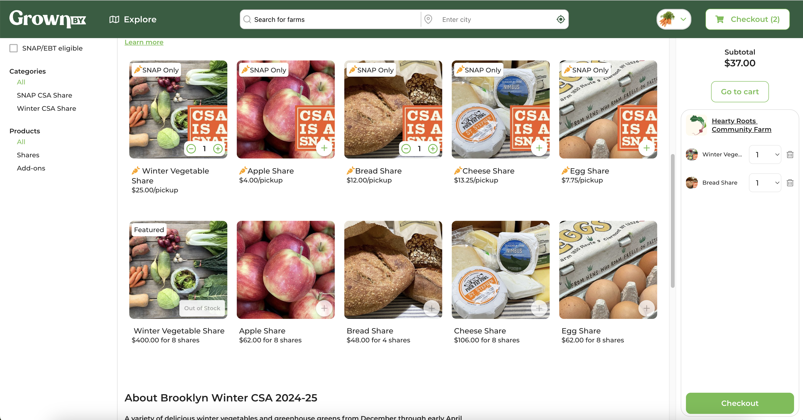 Cart sidebar with a Checkout button