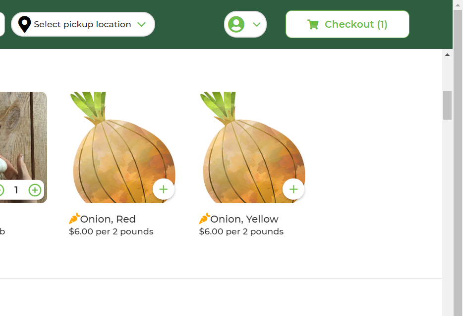 Farm shop page showing products with add-to-cart buttons
