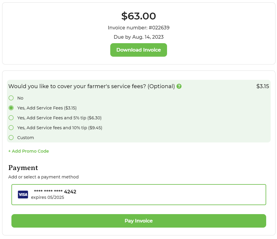 GrownBy invoice page showing payment, tip, and promo code options