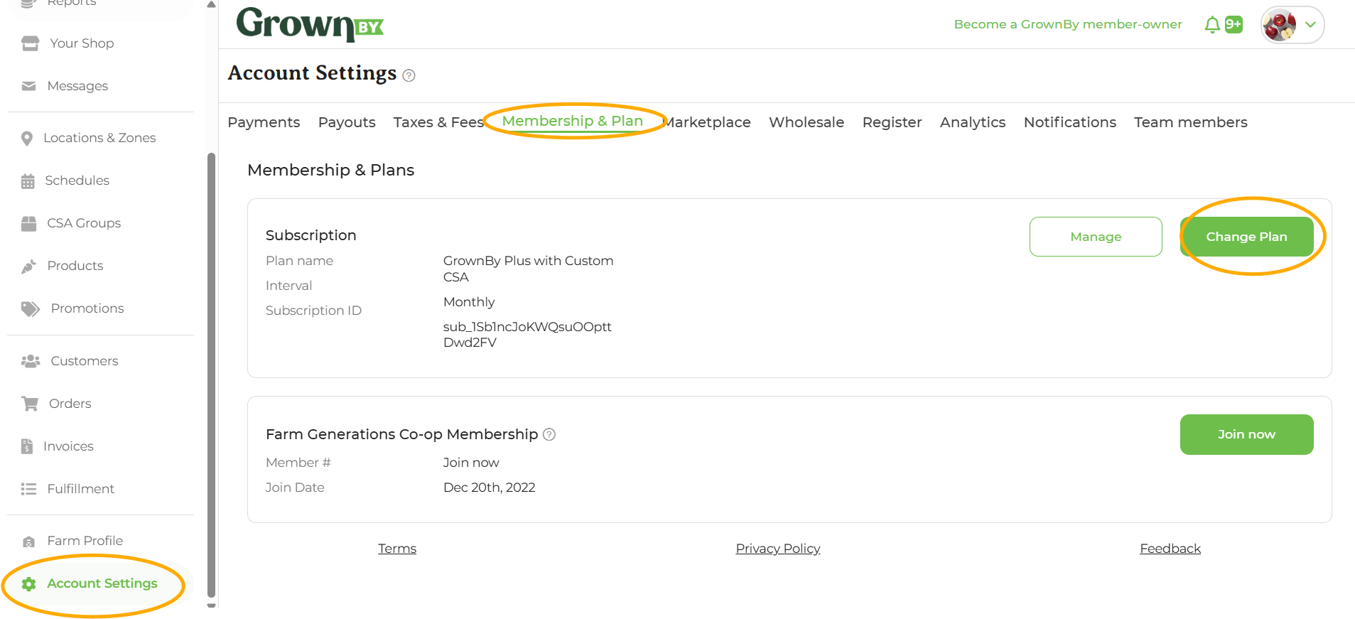 Account Settings Membership & Plan page with the Change Plan button highlighted