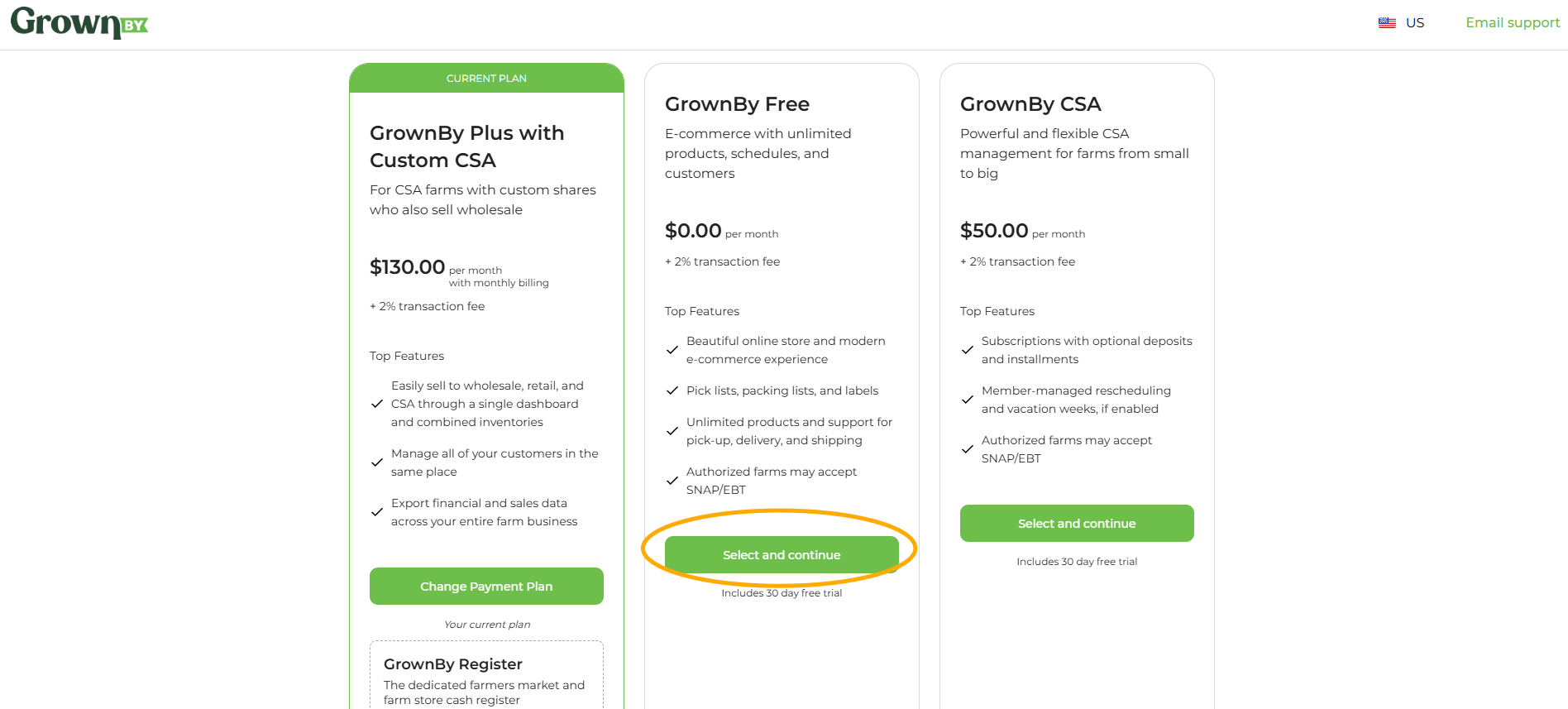GrownBy plan selection screen showing plan cards each with a Select and continue button