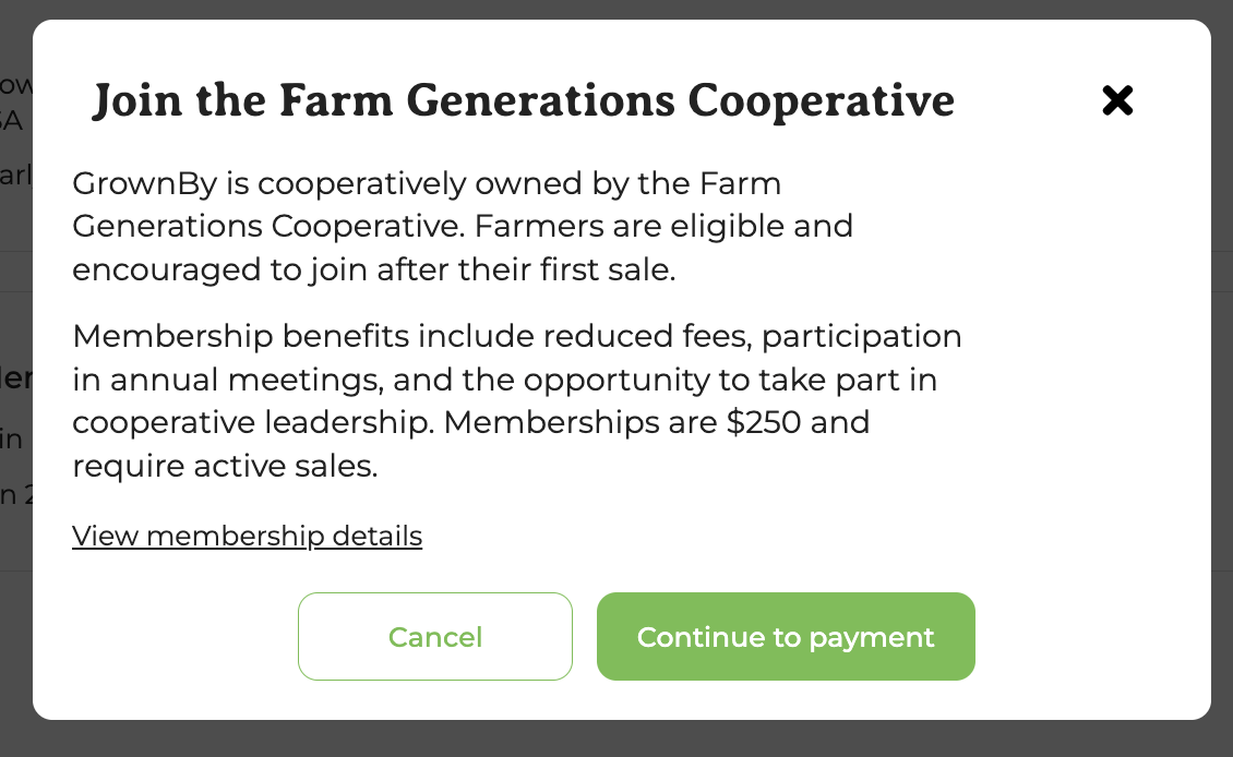 Join the Farm Generations Cooperative modal showing membership benefits and Continue to payment button
