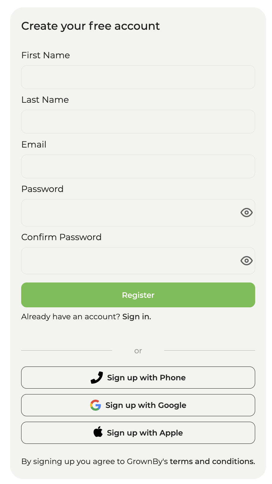 GrownBy registration page with fields for name, email, and password